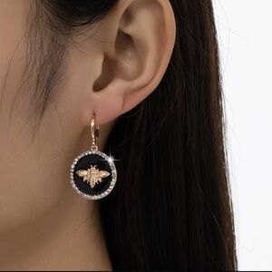 Gold Tone Bee Pendant Drop Earrings - Black Enamel & Crystal Accent New NWT